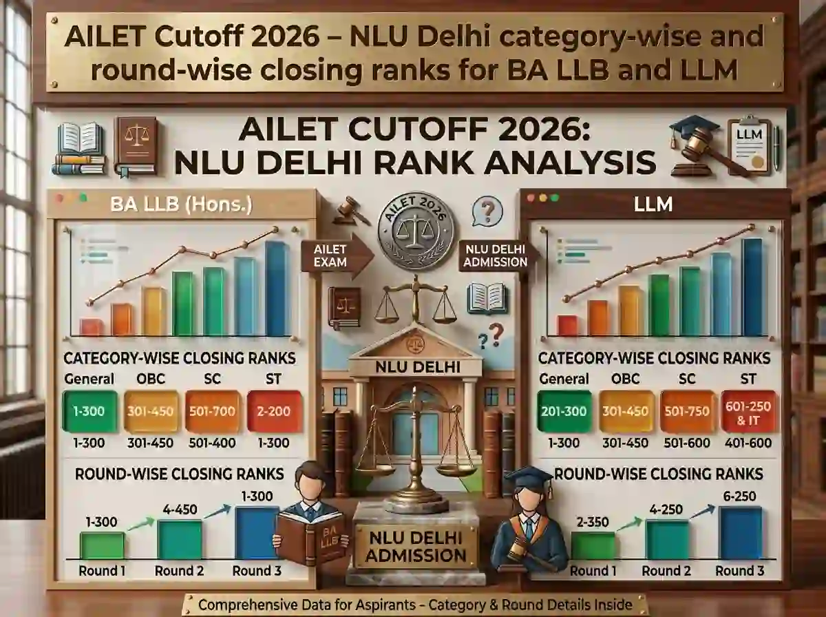 AILET Cutoff 2026 – NLU Delhi category-wise and round-wise closing ranks for BA LLB and LLM