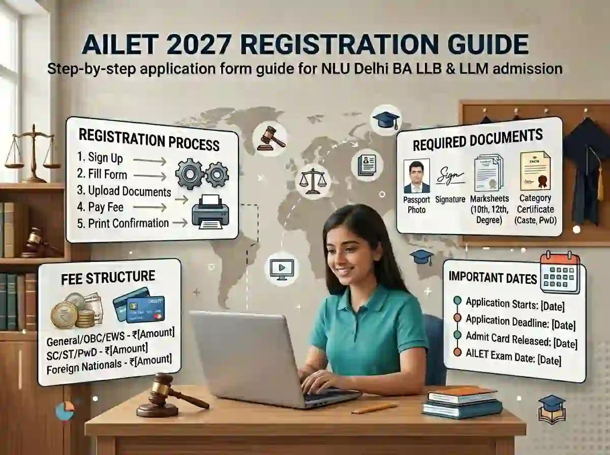AILET Registration 2027 – Step-by-step application form guide for NLU Delhi BA LLB and LLM admission showing registration process, fee structure, documents required and important dates