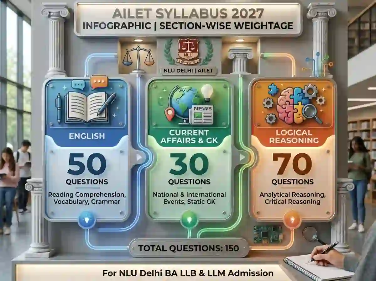 AILET Syllabus 2027 infographic showing section-wise weightage  |  English 50 questions, Current Affairs & GK 30 questions, Logical Reasoning 70 questions  |  for NLU Delhi BA LLB and LLM admission