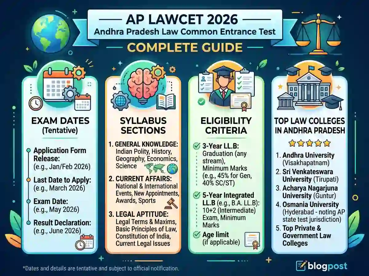 AP LAWCET 2026 — Andhra Pradesh Law Common Entrance Test complete guide showing exam dates, syllabus sections (General Knowledge, Current Affairs, Legal Aptitude), eligibility criteria and top law colleges in Andhra Pradesh