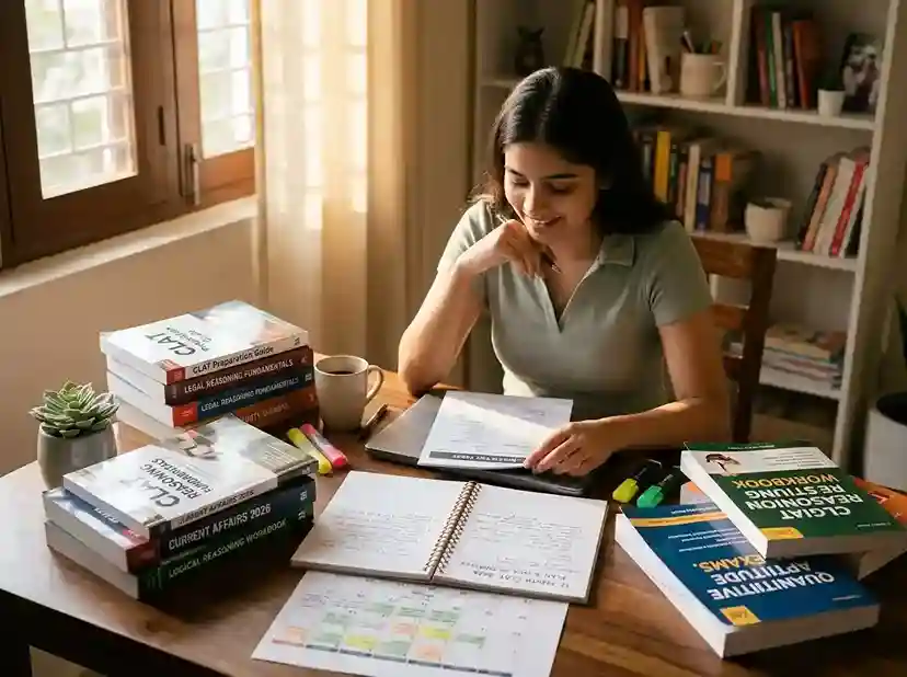 Best books for CLAT 2026  |  section-wise complete guide covering English Language, Legal Reasoning, GK Current Affairs, Logical Reasoning, and Quantitative Techniques with a 12-month preparation plan and mock test strategy