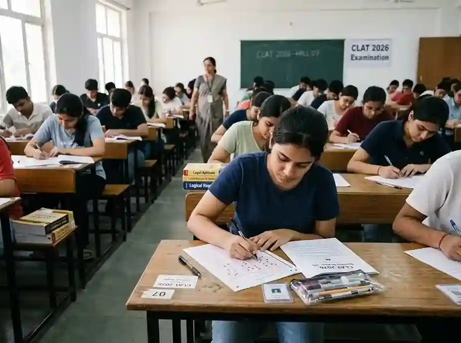 CLAT 2026 complete guide  |  students writing CLAT exam at test centre, answer sheets, law books