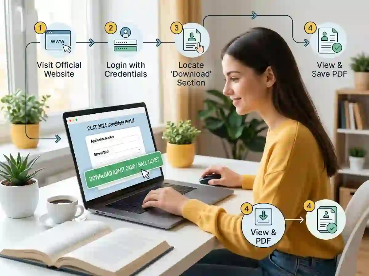 CLAT Admit Card 2026 download guide  |  step-by-step process to download CLAT Hall Ticket from consortiumofnlus.ac.in showing sample admit card with exam date December 7 2025