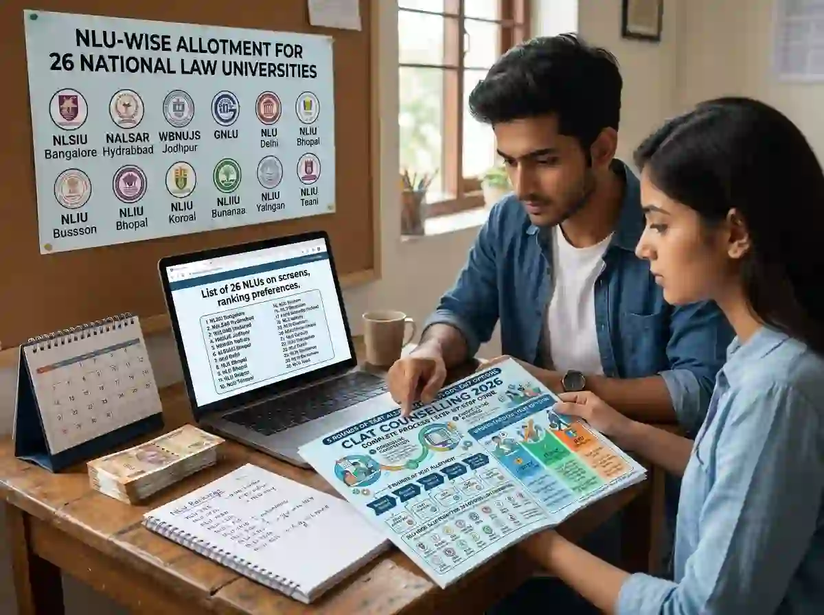 CLAT Counselling 2026 complete process infographic showing 5 rounds of seat allotment, Freeze Float Exit options, registration fee, and NLU-wise allotment for 26 National Law Universities