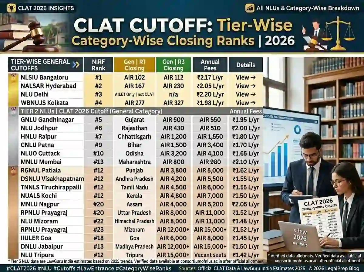 CLAT Cutoff 2026 NLU-Wise Category-Wise Closing Ranks infographic  |  showing opening and closing AIR for General, OBC, SC, ST, EWS categories across all 24 NLUs