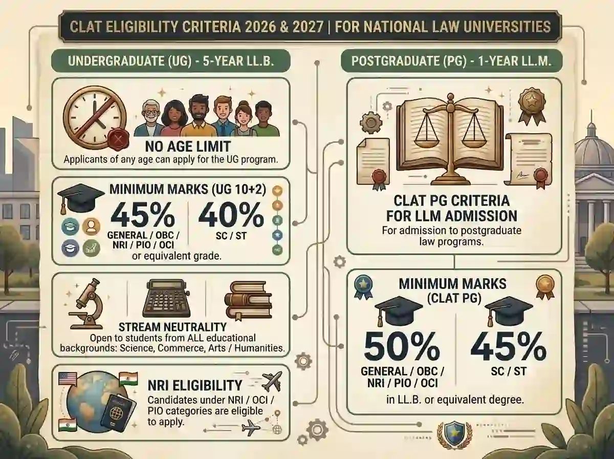 CLAT Eligibility Criteria 2026 and 2027  |  infographic showing age limit (none), minimum marks (45% General, 40% SC/ST for UG), stream neutrality, NRI eligibility, and CLAT PG criteria for LLM admission to National Law Universities
