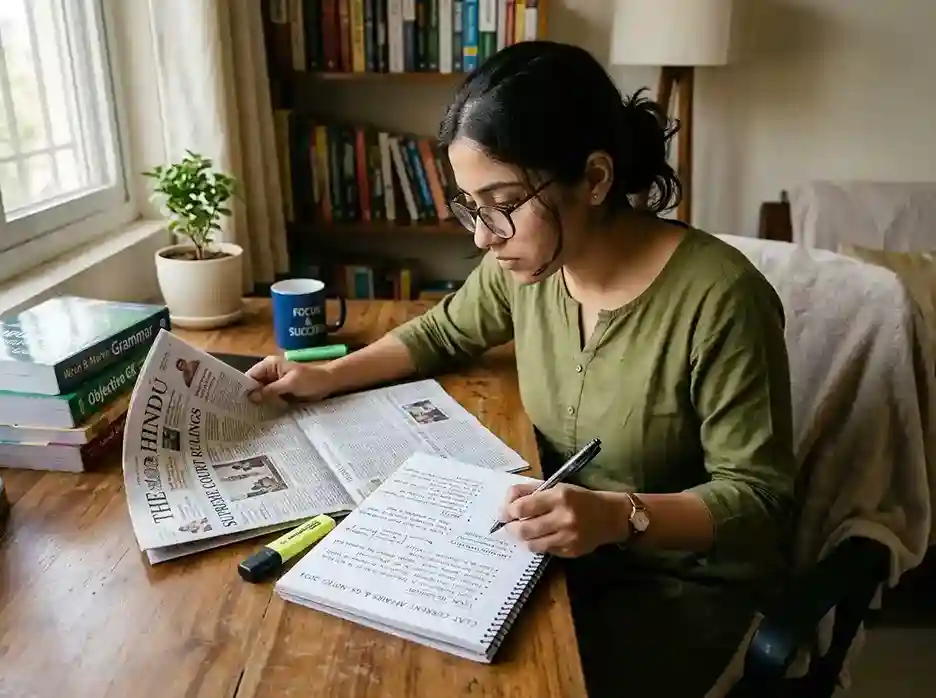 CLAT newspaper strategy  |  student reading newspaper with notes for CLAT current affairs and GK preparation