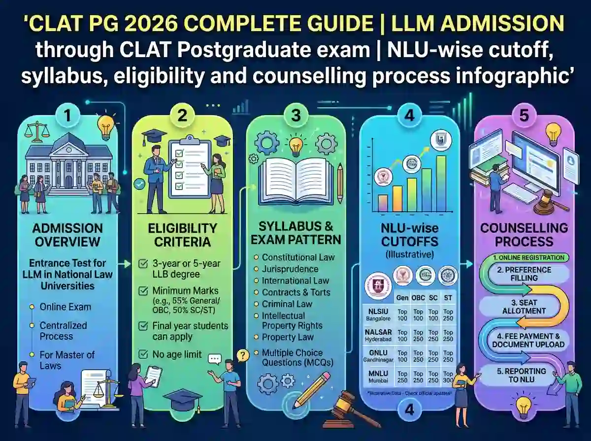 CLAT PG 2026 Complete Guide  |  LLM Admission through CLAT Postgraduate exam | NLU-wise cutoff, syllabus, eligibility and counselling process infographic