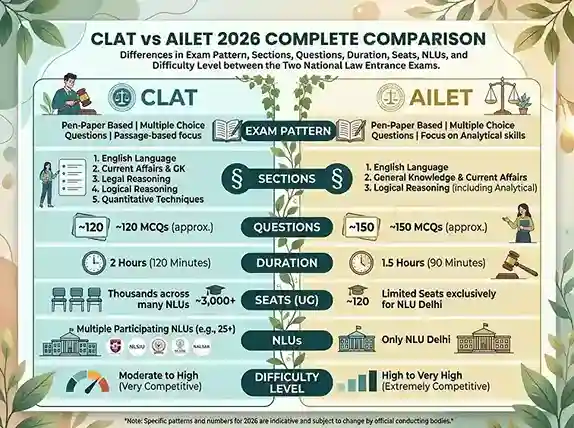 CLAT vs AILET 2026 complete comparison infographic showing differences in exam pattern, sections, questions, duration, seats, NLUs and difficulty level between the two national law entrance exams