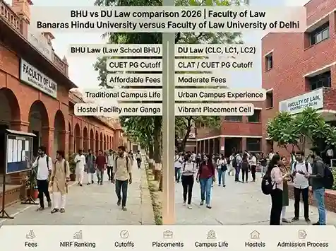 BHU vs DU Law comparison 2026  |  Faculty of Law Banaras Hindu University versus Faculty of Law University of Delhi showing fees, NIRF ranking, CUET CLAT cutoff, placements, campus life, hostel and admission process side by side
