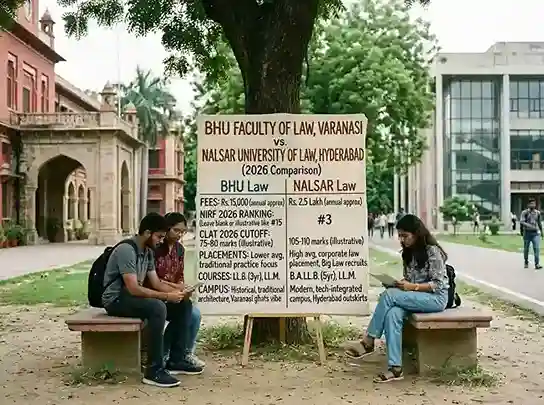 BHU Faculty of Law Varanasi vs NALSAR University of Law Hyderabad 2026  |  complete comparison of fees, NIRF ranking, CLAT cutoff, placements, courses and campus