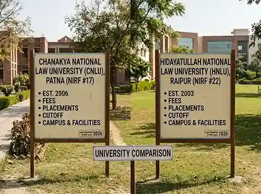 CNLU Patna vs HNLU Raipur comparison 2026  |  Chanakya National Law University Patna (NIRF #17) versus Hidayatullah National Law University Raipur (NIRF #22). Fees, placement, cutoff, campus comparison.