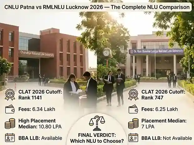 CNLU Patna vs RMLNLU Lucknow 2026  |  complete NLU comparison covering CLAT 2026 cutoff rank 1141 vs 747, fees 6.34 lakh vs 6.25 lakh, NIRF ranking, placement median 10.80 LPA vs 7 LPA, campus, courses BBA LLB availability, and final verdict on which NLU to choose