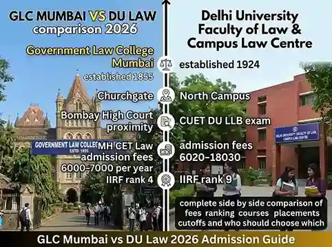 GLC Mumbai vs DU Law comparison 2026  |  Government Law College Mumbai established 1855 Churchgate Bombay High Court proximity MH CET Law admission fees 6000-7000 per year IIRF rank 4 versus Delhi University Faculty of Law and Campus Law Centre established 1924 North Campus CUET DU LLB exam admission fees 6020-18030 IIRF rank 9 complete side by side comparison of fees ranking courses placements cutoffs and who should choose which