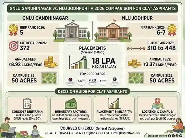 GNLU Gandhinagar vs NLU Jodhpur 2026 comparison infographic showing GNLU NIRF rank 5 with cutoff AIR 372 and fees 8.92 lakhs per year versus NLU Jodhpur NIRF rank 6-7 with cutoff AIR 310 to 448 and fees 3.37 lakhs per year, both reporting 18 LPA median placement salary with top recruiters Cyril Amarchand Mangaldas Khaitan AZB Trilegal Shardul, campus comparison 50 acres each, courses offered, and decision guide for CLAT aspirants choosing between GNLU and NLU Jodhpur