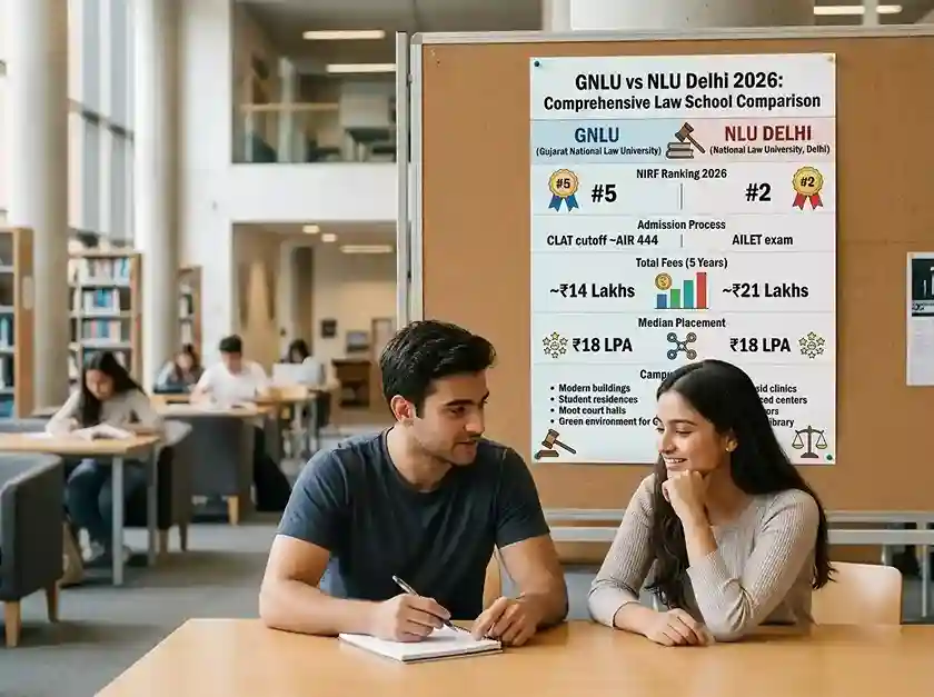 GNLU vs NLU Delhi 2026 comprehensive comparison showing NIRF rankings (GNLU #5 and NLU Delhi #2), CLAT cutoff for GNLU around AIR 444 versus AILET for NLU Delhi, total fees comparison of approximately 14 lakh versus 21 lakh for 5 years, median placement of 18 LPA at both institutions, campus facilities and admission process differences