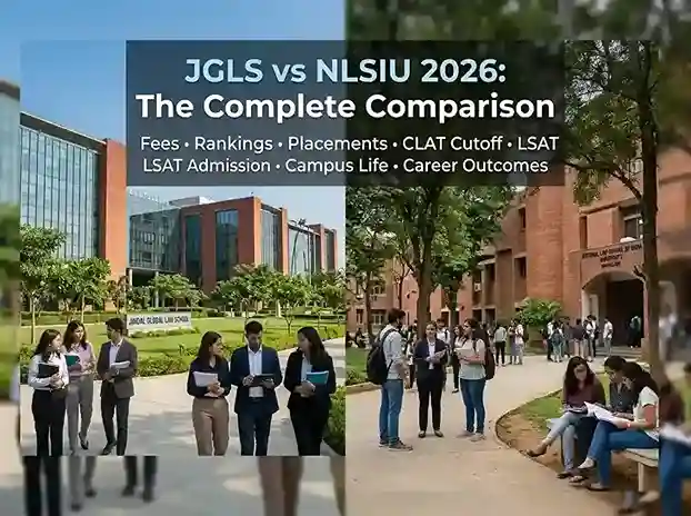 JGLS vs NLSIU 2026 complete comparison  |  Jindal Global Law School versus National Law School of India University Bangalore covering fees, rankings, placements, CLAT cutoff, LSAT admission, campus life and career outcomes