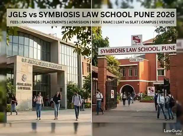 JGLS vs Symbiosis Law School Pune 2026 comparison  |  fees, rankings, placements, admission, NIRF, NAAC, LSAT vs SLAT, campus, verdict | LawGuru India