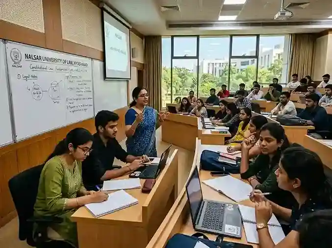 NALSAR Hyderabad faculty  |  professors and students in a law classroom at NALSAR University of Law, Shamirpet