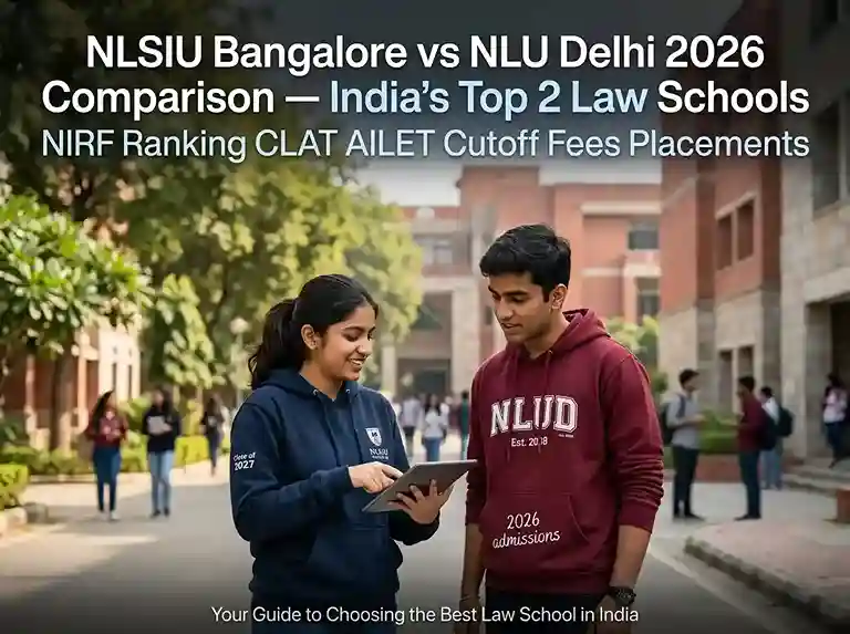 NLSIU Bangalore vs NLU Delhi 2026 comparison  |  India's top 2 law schools NIRF ranking CLAT AILET cutoff fees placements