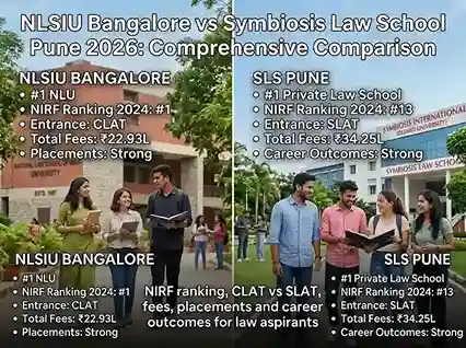 NLSIU Bangalore vs Symbiosis Law School Pune 2026  |  comprehensive comparison of India's top government NLU and best private law school covering rankings, fees, CLAT vs SLAT, placements and career outcomes