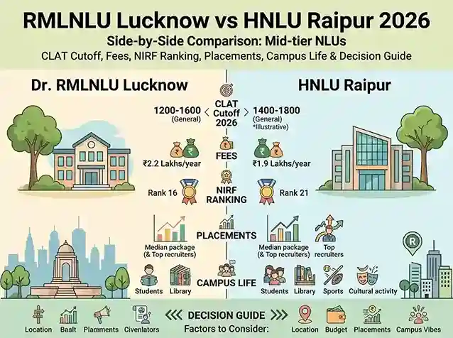RMLNLU Lucknow vs HNLU Raipur 2026  |  complete NLU comparison covering CLAT cutoff, fees, NIRF ranking, placements, campus and which NLU to choose