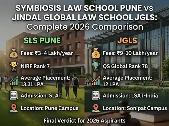 Symbiosis Law School Pune vs Jindal Global Law School JGLS 2026  |  complete comparison of India's top two private law schools: fees 3–4 lakh vs 9–10 lakh per year, NIRF rank 7 vs QS rank 78 globally, average placement 13.31 LPA vs 12 LPA, SLAT vs LSAT-India admission, Pune vs Sonipat campus and final verdict