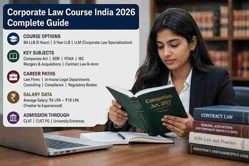 Corporate law course India 2026 guide showing course options from BA LLB and 3-year LLB to LLM corporate law specialisation with subjects including Companies Act SEBI FEMA IBC mergers acquisitions and contract law along with salary data career paths at law firms and in-house legal departments and admission through CLAT CUET PG