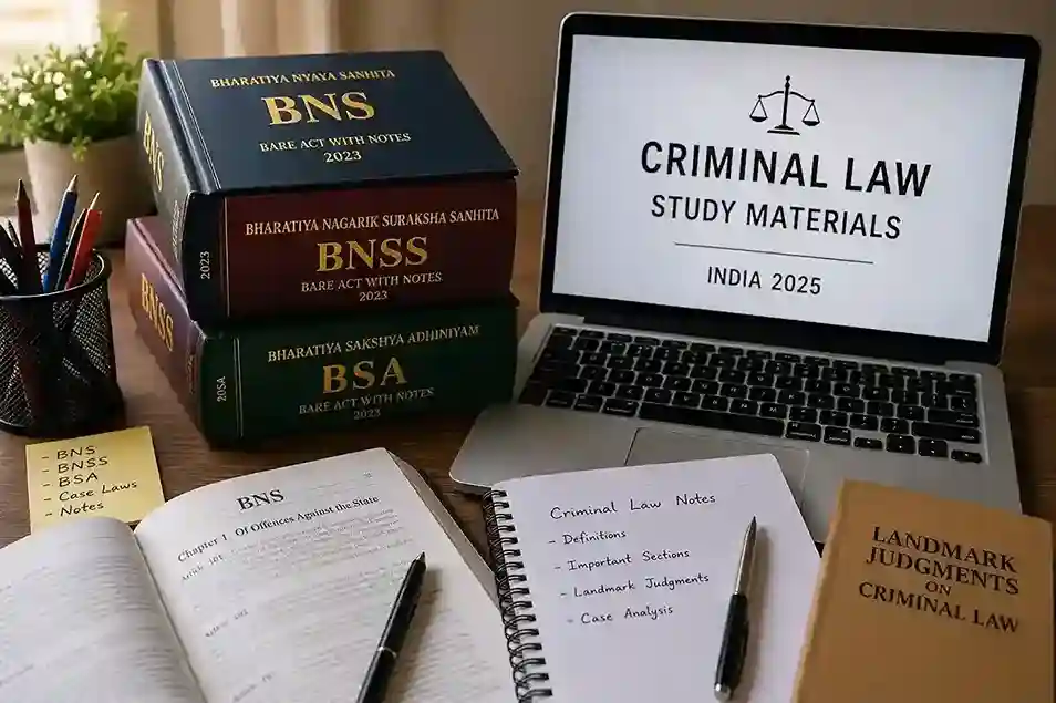 Criminal law course study materials including BNS, BNSS, BSA books and legal resources in India 2025