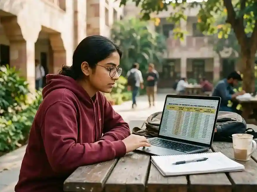 NLU fees comparison 2026  |  all 25 National Law Universities annual fee, 5-year total, hostel charges and LLM fee structure comparison chart India