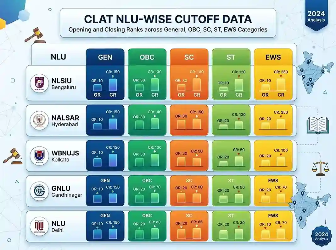 CLAT NLU-wise cutoff 2026  |  opening and closing ranks for all 26 National Law Universities across General, OBC, SC, ST, EWS categories