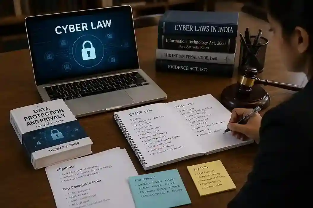 Cyber law course in India showing eligibility, fees, colleges, syllabus and career paths for students and professionals