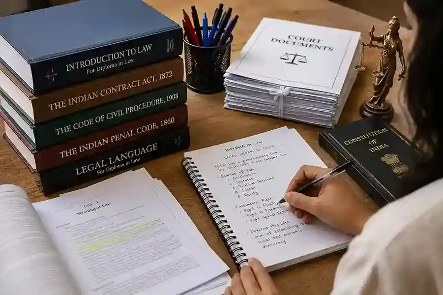 Students studying Diploma in Law course in India  |  books, legal documents, law notes