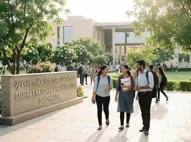 GNLU Gandhinagar campus  |  Gujarat National Law University law students and academic building