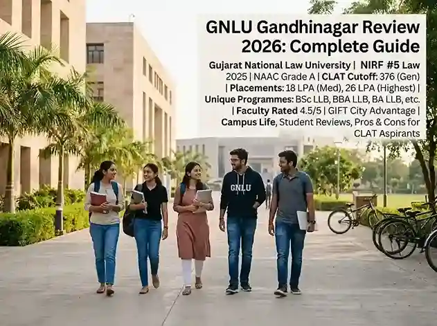 GNLU Gandhinagar Review 2026 complete guide  |  Gujarat National Law University 50-acre campus ranked NIRF 5 Law 2025 NAAC Grade A CLAT cutoff rank 376 General category median placement 18 LPA highest 26 LPA Khaitan Co 175 out of 181 students placed unique BSc LLB BSW LLB BCom LLB BBA LLB BA LLB programmes faculty rated 4.5 out of 5 hostel campus life GIFT City advantage student reviews pros and cons for CLAT aspirants