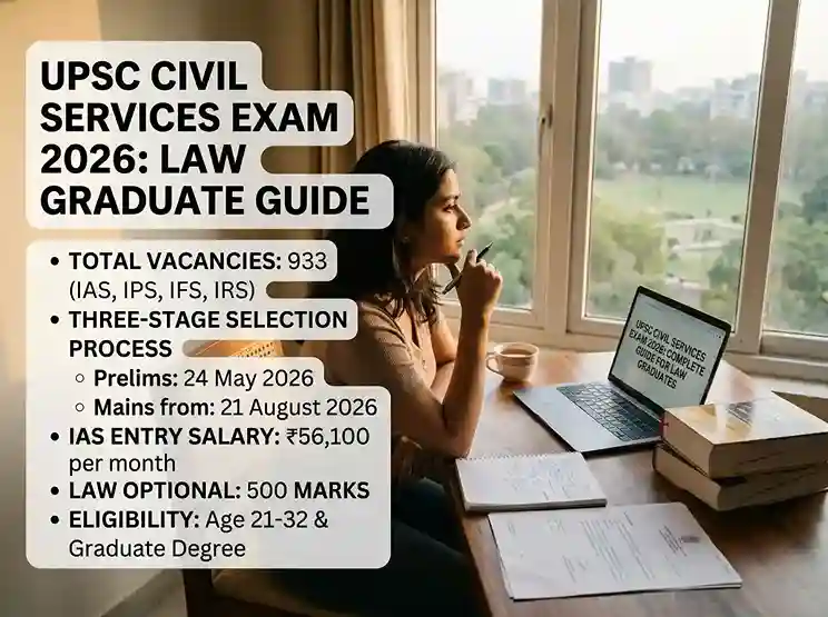 UPSC Civil Services Exam 2026 complete guide for law graduates showing 933 vacancies across IAS IPS IFS IRS services, three-stage selection process with Prelims on 24 May 2026 and Mains from 21 August 2026, IAS entry salary 56100 rupees per month, law optional subject 500 marks, eligibility criteria age 21 to 32 and graduate degree