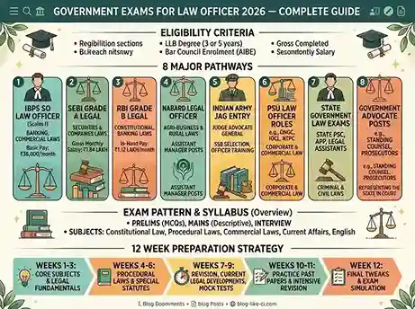 Government Exams for Law Officer 2026  |  complete guide infographic showing 8 major pathways including IBPS SO Law Officer with basic pay 36000 rupees per month, SEBI Grade A Legal with gross monthly salary 1.84 lakh, RBI Grade B Legal with in-hand pay 1.12 lakh per month, NABARD Legal Officer, Indian Army JAG Entry, PSU law officer roles, state government law officer exams, and government advocate posts, with eligibility criteria LLB degree and Bar Council enrolment, exam pattern syllabus and 12 week preparation strategy for law graduates targeting government legal careers in India