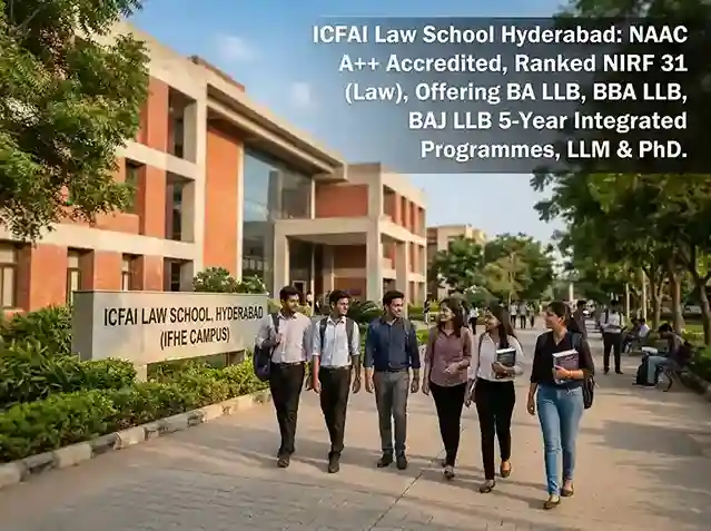 ICFAI Law School Hyderabad IFHE campus 2026-27  |  NAAC A++ accredited private law school ranked NIRF 31 Law IIRF 5 Law offering BA LLB BBA LLB BAJ LLB 5-year integrated programmes and LLM PhD at Shankarapalli Road Hyderabad Telangana admission through ILSAT CLAT LSAT India fees 2.70 lakh per year placements highest 12.2 LPA median 6.48 LPA
