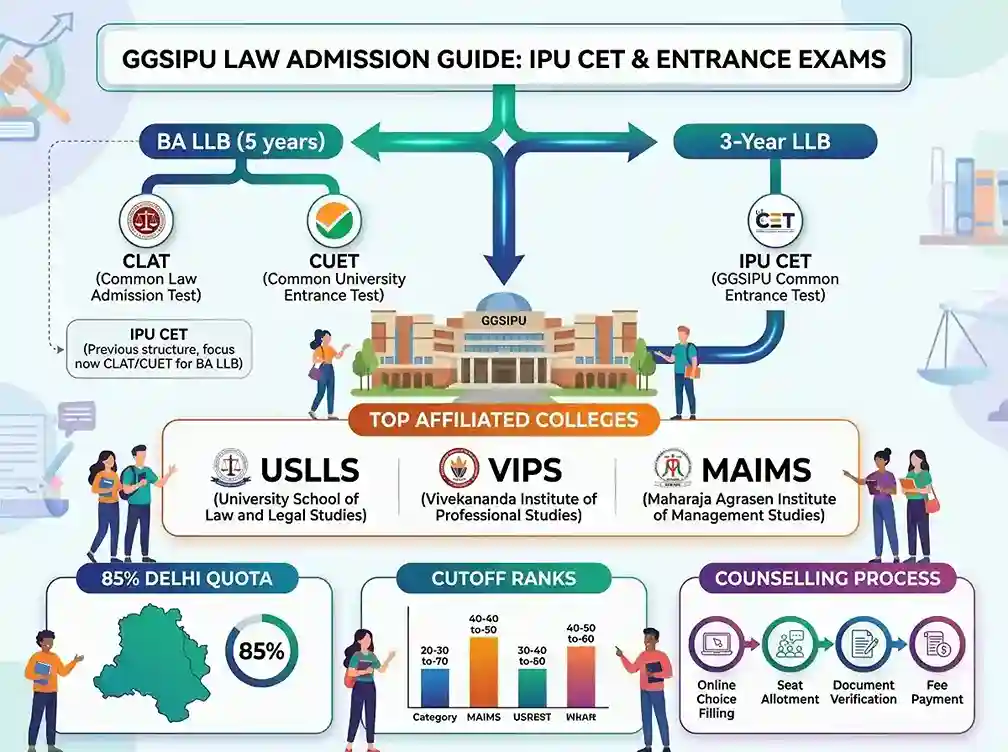 IPU CET Law 2026  |  Guru Gobind Singh Indraprastha University GGSIPU law admission guide showing BA LLB admission through CLAT CUET, 3-year LLB CET, top colleges USLLS VIPS MAIMS, 85% Delhi quota, cutoff ranks and counselling process