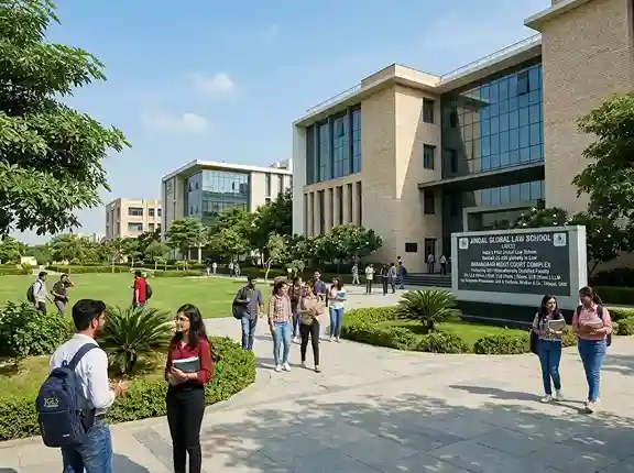 Jindal Global Law School JGLS campus Sonipat Haryana  |  India's first global law school ranked QS 35 globally in Law 2026, featuring world's largest moot court IMAANDAAR, 551 internationally qualified faculty, BA LLB BBA LLB BComLLB LLM programmes and top corporate law placements at AZB Khaitan Trilegal CAM