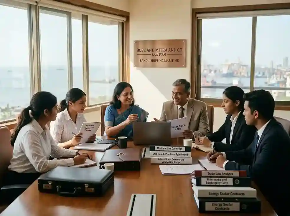 Bose and Mitra and Co law firm career guide 2026  |  India's Band 1 shipping maritime law firm at Nariman Point Mumbai showing practice areas including maritime law ship sale purchase international commercial arbitration trade law insurance energy and insolvency and internship application process