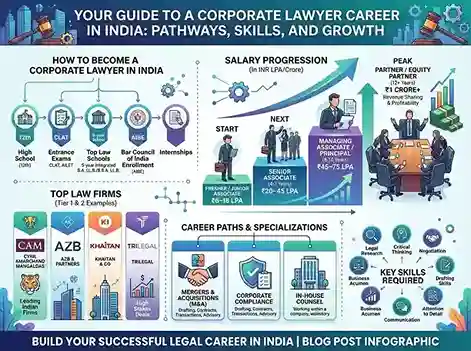 Corporate lawyer career in India 2026  |  infographic showing salary progression from fresher ₹6–18 LPA to partner ₹1 crore, top law firms CAM AZB Khaitan Trilegal, career path M&A compliance in-house counsel, required skills and how to become a corporate lawyer in India