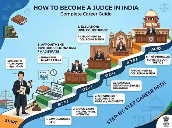 How to become a judge in India 2026 — complete career guide covering judicial service exam, eligibility, salary from Civil Judge to Supreme Court, and step-by-step career path for law graduates