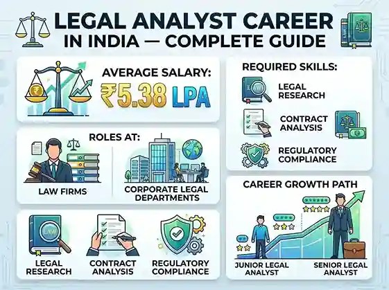Legal Analyst Career in India 2026  |  complete guide showing average salary ₹5.38 LPA, roles at law firms and corporate legal departments, required skills like legal research, contract analysis and regulatory compliance, and career growth path from junior to senior legal analyst