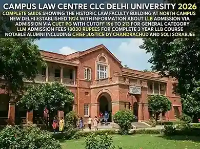 Campus Law Centre CLC Delhi University 2026 complete guide showing the historic law faculty building at North Campus New Delhi established 1924 with information about LLB admission via CUET PG with cutoff 196 to 213 for general category LLM admission fees 18030 rupees for complete 3 year LLB course notable alumni including Chief Justice DY Chandrachud and Soli Sorabjee