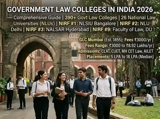 Government Law Colleges in India 2026  |  comprehensive guide showing 390 plus government law colleges including 26 National Law Universities with NLSIU Bangalore ranked NIRF number 1, NLU Delhi NIRF number 2, NALSAR Hyderabad NIRF number 3, Faculty of Law Delhi University NIRF number 9, Government Law College Mumbai established 1855 with fees 3000 rupees per year, ILS Pune, BHU Varanasi, AMU Aligarh, Jamia Millia Islamia Delhi, Panjab University Chandigarh, with fee ranges from 3000 to 8.92 lakhs per year, admission through CLAT CUET MH CET Law AILET, and placement median salary from 5 LPA to 18 LPA