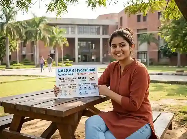 NALSAR Hyderabad Admissions 2026-27 — complete guide showing CLAT cutoff rank 148 for General category, BA LLB 132 seats, LLM 50 seats, eligibility criteria, seat matrix with SC ST OBC EWS reservations, and step-by-step admission process at Justice City Shamirpet campus Hyderabad