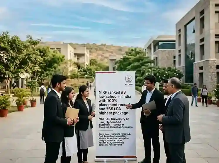 NALSAR University of Law Hyderabad placements 2025 | campus at Shamirpet, Hyderabad, Telangana. NIRF ranked #3 law school in India with 100% placement record and ₹65 LPA highest package.