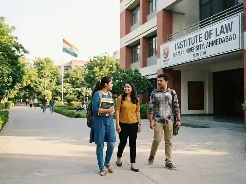 Institute of Law Nirma University ILNU Ahmedabad 2026  |  complete guide to Gujarat's premier private law school: BA LLB BBA LLB BCom LLB via CLAT rank 500-1000, total fee 19.54 lakhs, NAAC A+, IIRF rank 9, India Today rank 18, placements Trilegal Khaitan CAM average 8 LPA, girls hostel on campus, Gujarat High Court proximity, GIFT City advantage