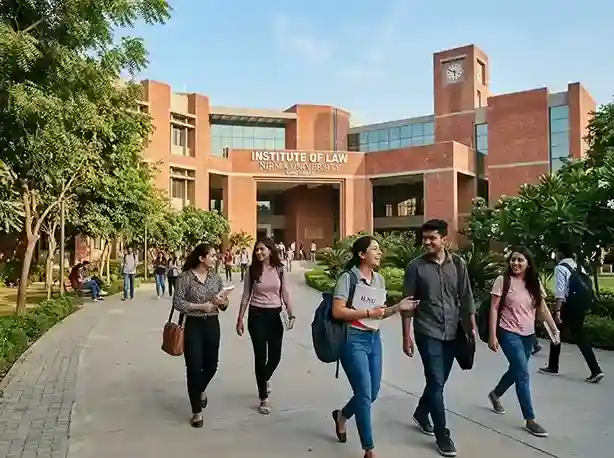 Nirma University Institute of Law rankings  |  ILNU Ahmedabad law school building and students